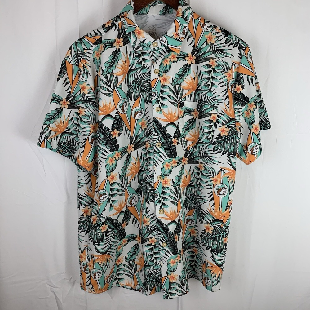 Bucees Hawaiian Shirt Mens Small All Over Print Palm Tree Button Beaver